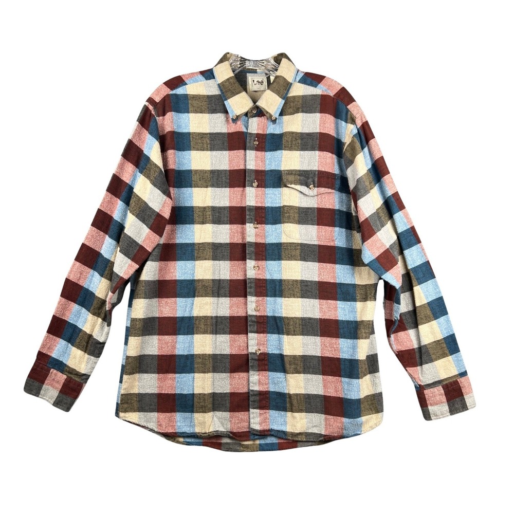 Vintage Lee‎ Mens Button Down Large Flannel Shirt Plaid Long Sleeve Casual